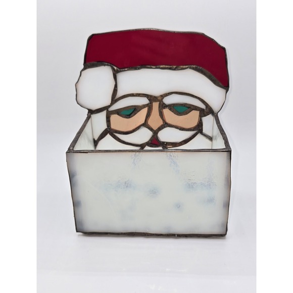 Vintage Santa Claus Stained Leaded Glass Tea Light Candle Holder Christmas Decor - Picture 2 of 11